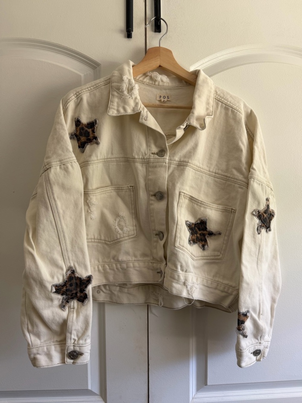 POL Cream White Denim Jacket with Leopard Star Patches Y2K Rockstar Concert